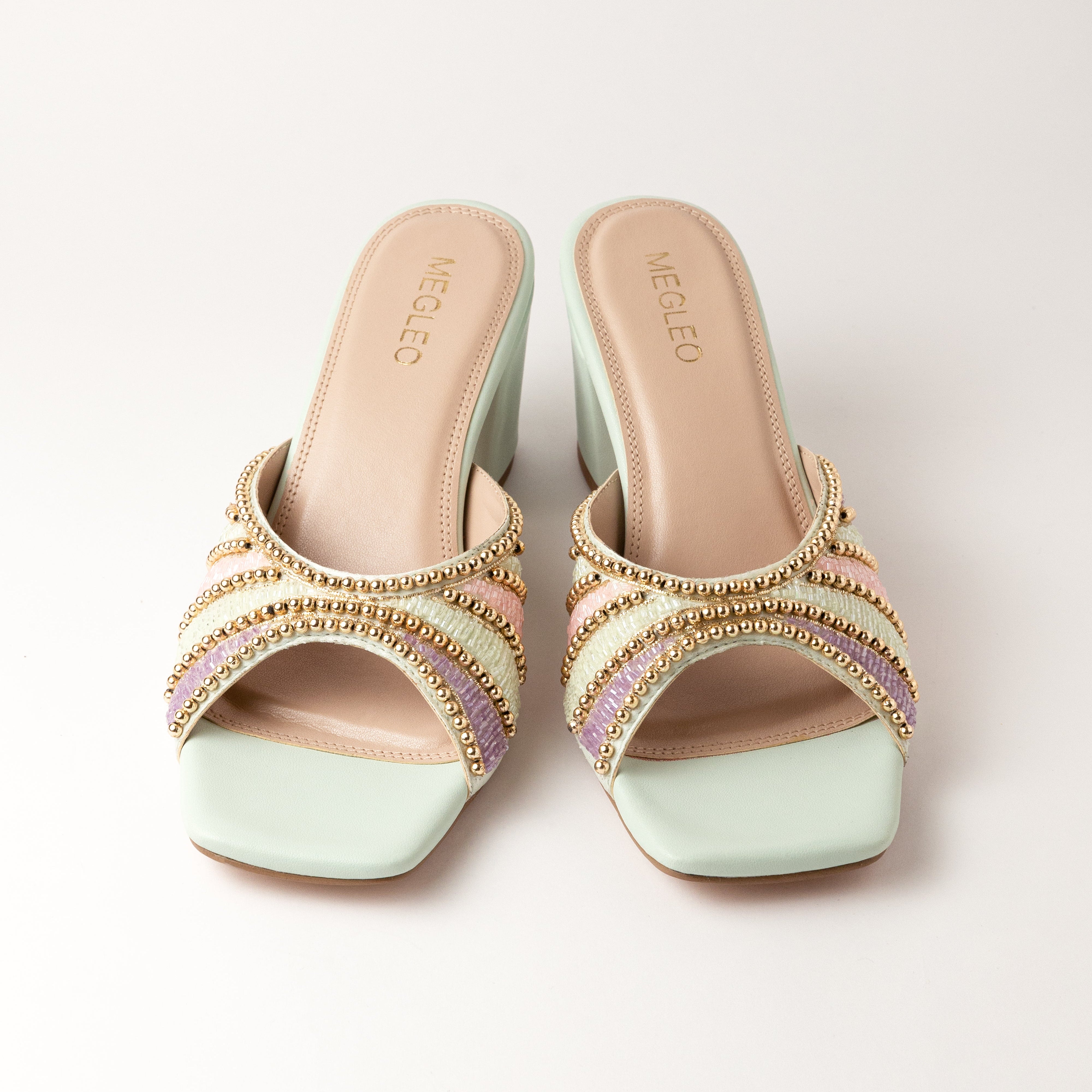Image of Mint Handmade Embroidered Strap Heels