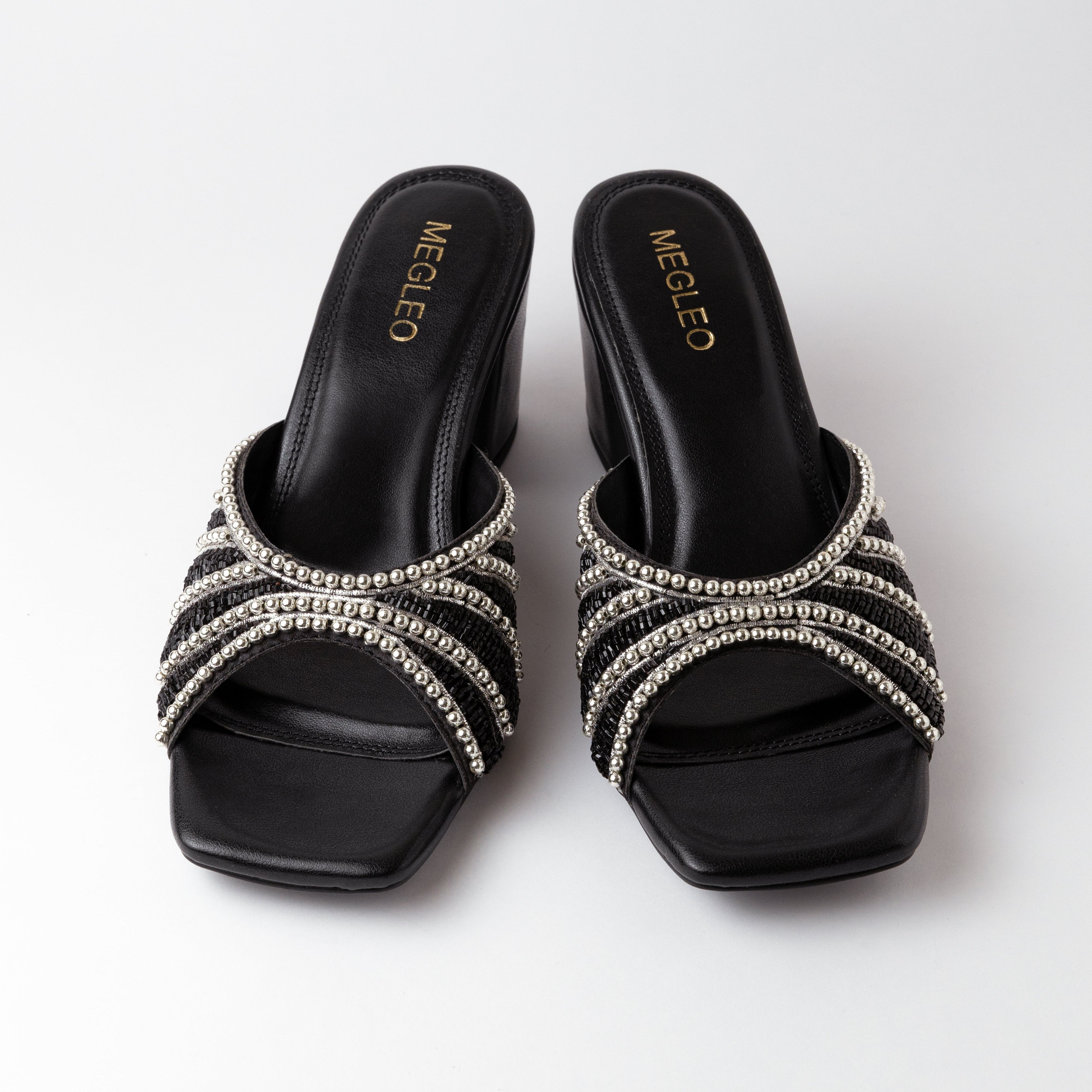 Image of Black Handmade Embroidered Strap Heels