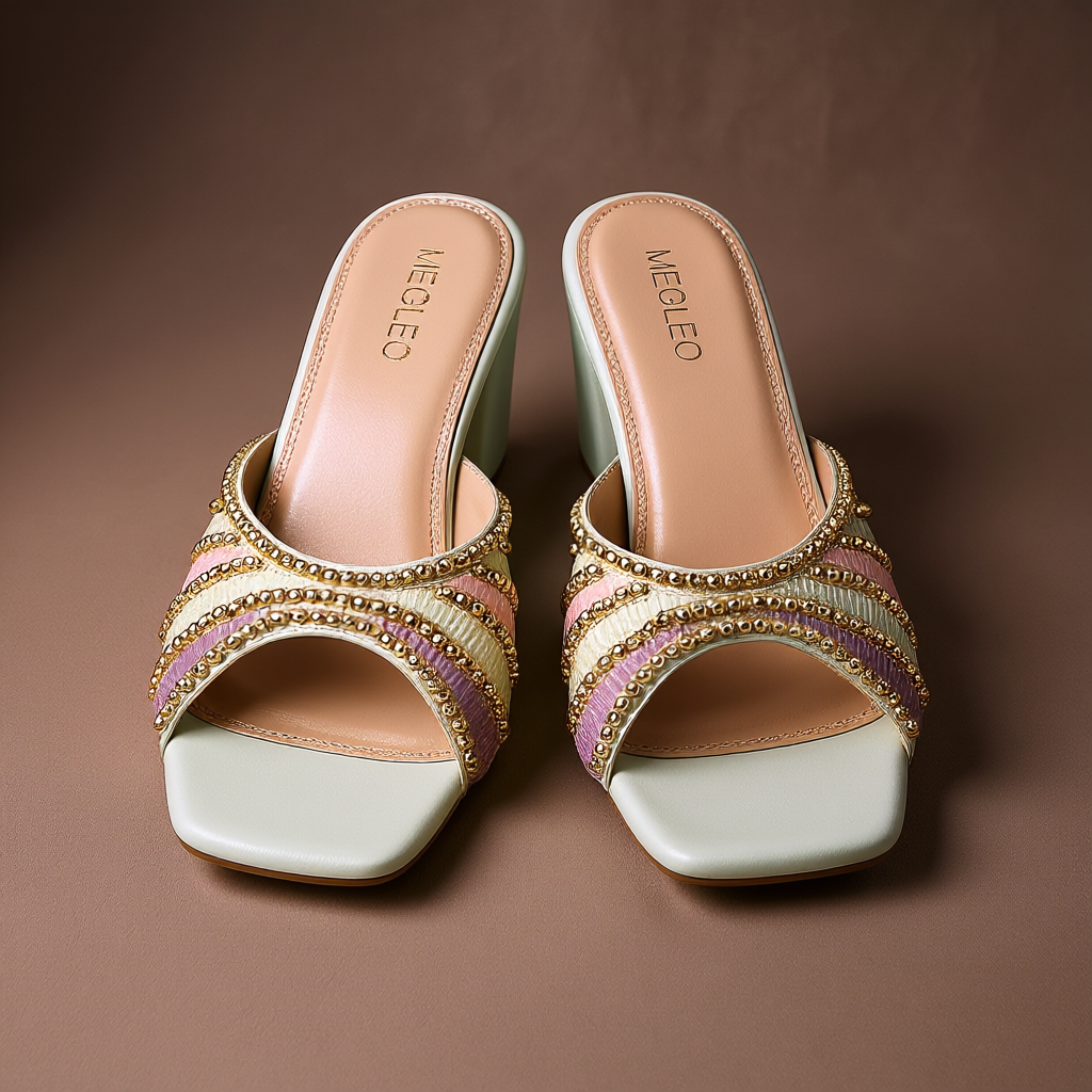 Image of Mint Handmade Embroidered Strap Heels